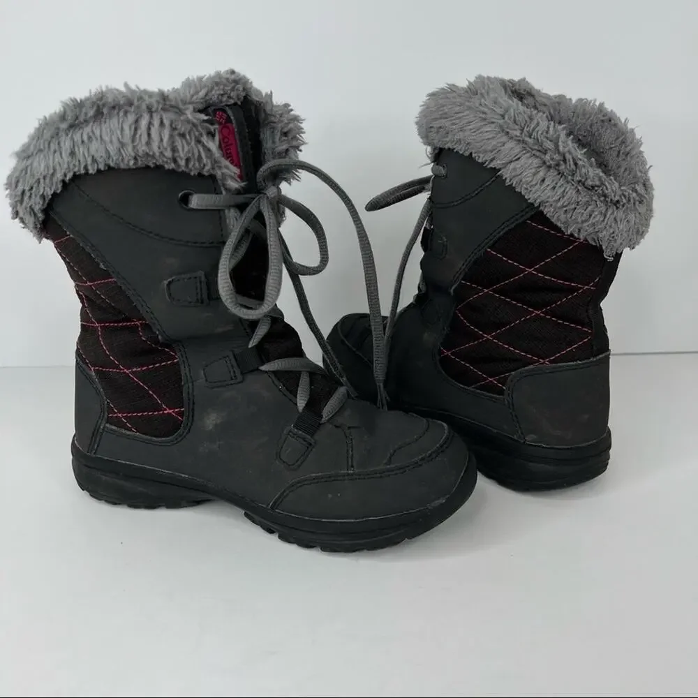 Columbia charcoal gray pink faux fur trim winter lace up ankle snow boots size 1